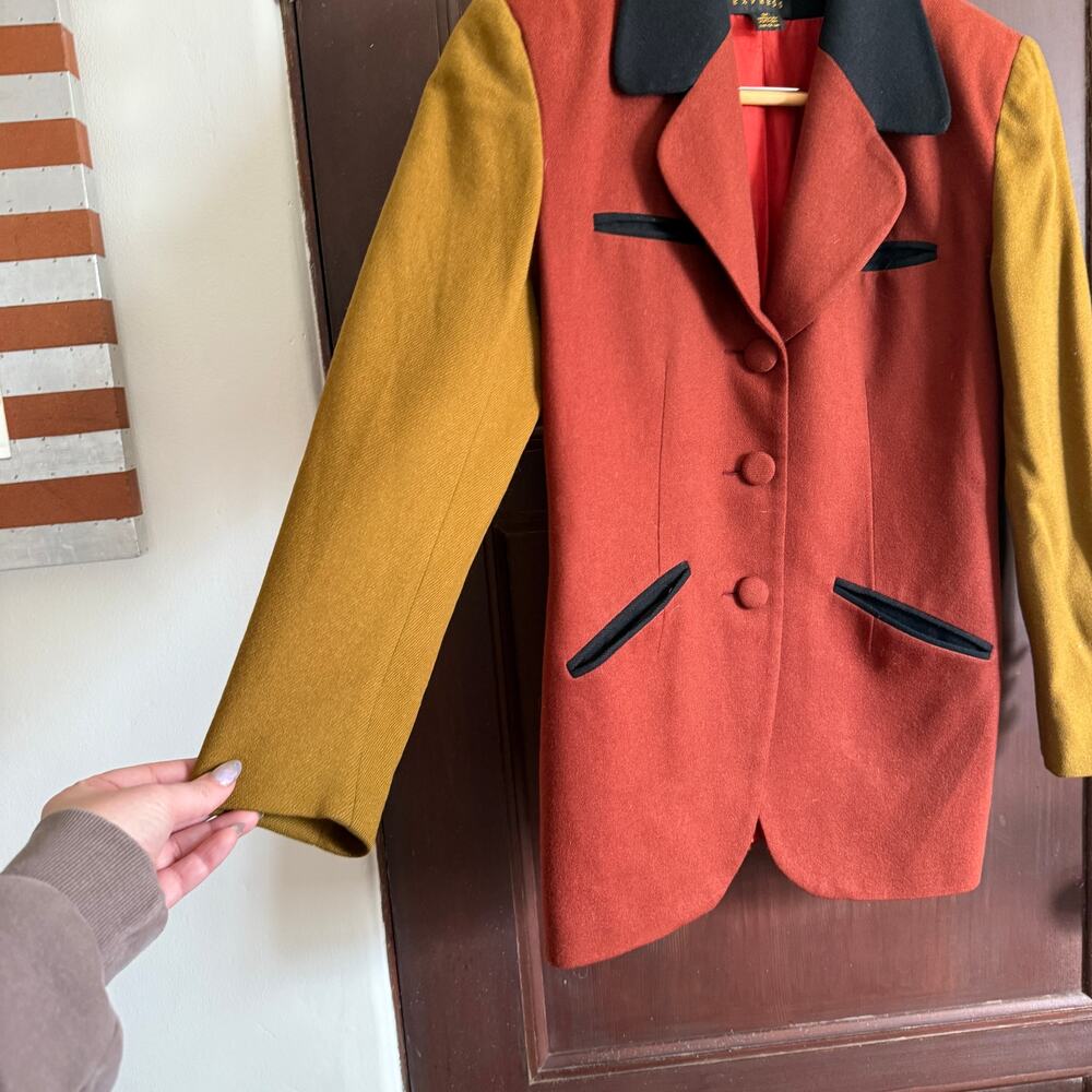 90s Vintage EXPRESS | Rust and Pea Green Color block Blazer Suit Jacket | Small - Picture 4 of 6